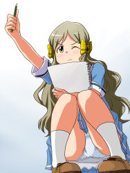 Rule 34 | 1girl, blouse, blue background, blue panties, blue shirt, blue skirt, bow, brown eyes, brown footwear, brown hair, closed mouth, commentary request, crotch seam, frown, gradient background, hair bow, handa roco, highres, holding, holding notepad, holding pencil, idolmaster, idolmaster million live!, lielos, long hair, miniskirt, notepad, one eye closed, panties, pantyshot, partial commentary, pencil, pleated skirt, school uniform, serafuku, shirt, shoes, short sleeves, sighting, single horizontal stripe, skirt, socks, solo, squatting, summer uniform series (idolmaster), underwear, v-shaped eyebrows, white background, white socks, yellow bow