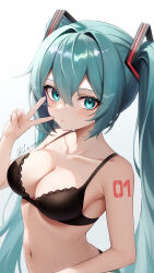 Rule 34 | 1girl, absurdres, aqua eyes, aqua hair, bare arms, bare shoulders, black bra, bra, breasts, cleavage, closed mouth, collarbone, commentary request, expressionless, hair ornament, hand up, hatsune miku, highres, lace, lace-trimmed bra, lace trim, leone (kamina0205), lingerie, long hair, looking at viewer, medium breasts, miku day, navel, shoulder tattoo, simple background, solo, stomach, tattoo, twintails, underwear, underwear only, upper body, v, very long hair, vocaloid, white background