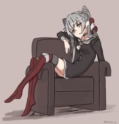 Rule 34 | 1girl, amatsukaze (kancolle), brown dress, brown eyes, commentary request, couch, dress, full body, garter straps, grey background, grey sailor collar, hair tubes, highres, kantai collection, kazakura (kazakura js), lifebuoy, lifebuoy ornament, long hair, neckerchief, red thighhighs, sailor collar, sailor dress, short dress, silver hair, simple background, sitting, solo, striped clothes, striped thighhighs, swim ring, thighhighs, two side up, white neckerchief