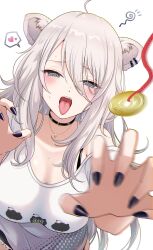 Rule 34 | 1girl, @ @, absurdres, ahoge, animal ears, black choker, black nails, blush, breasts, choker, claw pose, coin, coin on string, commentary request, grey eyes, hair between eyes, heart, highres, holed coin, hololive, hypnosis, jewelry, kudoukudokudo, large breasts, lion ears, lion girl, long hair, looking at viewer, mind control, necklace, open mouth, partial commentary, shirt, shishiro botan, shishiro botan (casual), simple background, solo, spoken heart, tongue, tongue out, very long hair, virtual youtuber, white background, white shirt
