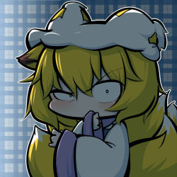 Rule 34 | 1girl, animal ears, bad id, bad pixiv id, blonde hair, constricted pupils, fox ears, fox tail, hand on own face, hat, inunoko., looking at viewer, multiple tails, raised eyebrow, short hair, solo, tail, touhou, upper body, yakumo ran