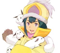 Rule 34 | 1girl, ana medaiyu, animal, coat, fur trim, gloves, green hair, hat, kei-co, looking at viewer, open mouth, overman king gainer, purple eyes, short hair, simple background, smile, solo, white background