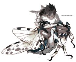Rule 34 | 1boy, arthropod boy, artistic error, black hair, bug, copyright name, crossed arms, crossed legs, dokuga, dorohedoro, expressionless, facial tattoo, green eyes, insect, insect wings, male focus, monster boy, moth, moth wings, shishio (shishio5431), simple background, sitting, solo, tattoo, white background, wings