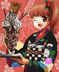 Rule 34 | 1girl, b-ginga, brown eyes, brown hair, cookie, flower, food, hair flower, hair ornament, ice cream, japanese clothes, kimono, one eye closed, original, parfait, pocky, ponytail, red background, side ponytail, solo, sundae, symbol-shaped pupils, tray, wink