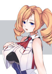 Rule 34 | 1girl, absurdres, ascot, blonde hair, blue dress, blue eyes, breast pocket, breasts, crop top, dress, drill hair, hair between eyes, hand on own chest, highres, honolulu (kancolle), jiangyou dang, kantai collection, large breasts, long hair, looking at viewer, multicolored clothes, parted lips, pocket, red ascot, simple background, sleeveless, sleeveless dress, swept bangs, twin drills, twintails, upper body