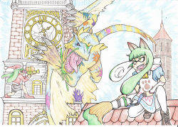 Rule 34 | :d, absurdres, animal ears, blunt bangs, clock, clock tower, commentary request, crossover, doitsuken, dragon, fangs, green eyes, green hair, grin, gun, highres, holding, holding gun, holding weapon, inkling, inkling girl, inkling player character, kneeling, monster hunter (series), nintendo, open mouth, paint splatter, paintbrush, rooftop, sanpaku, smile, splatoon (series), tentacle hair, tower, traditional media, v-shaped eyebrows, weapon
