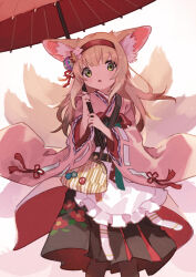 Rule 34 | 1girl, :o, animal ear fluff, animal ears, apron, arknights, black hakama, black skirt, blonde hair, coin purse, commentary, feet out of frame, floral print, flower, fox ears, fox girl, fox tail, frilled apron, frills, green eyes, hair flower, hair ornament, hairband, hakama, hakama skirt, japanese clothes, kimono, kitsune, kyuubi, long skirt, long sleeves, looking at viewer, multiple tails, official alternate costume, oil-paper umbrella, parted lips, pink kimono, pleated skirt, print hakama, print skirt, red hairband, red umbrella, skirt, solo, suzuran (arknights), suzuran (yukibare) (arknights), tail, umbrella, urabe (mstchan), waist apron, white apron, wide sleeves, yagasuri