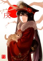 Rule 34 | 1girl, absurdres, alternate costume, animal, black eyes, black hair, black hat, branch, closed mouth, dog, fate/grand order, fate (series), floral print, flower, from side, fur collar, gradient background, hat, hat flower, highres, holding, holding animal, japanese clothes, kimono, long hair, long sleeves, looking at viewer, looking to the side, multicolored hair, oda nobunaga (fate), oda nobunaga (koha-ace), peaked cap, peperon (peperou), print kimono, red eyes, red flower, red kimono, smile, solo, straight hair, streaked hair, upper body, very long hair, wide sleeves