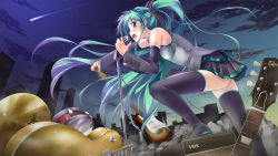 Rule 34 | 1girl, ass, cityscape, detached sleeves, female focus, green eyes, green hair, guitar, hatsune miku, highres, instrument, long hair, masaki kei, matching hair/eyes, microphone, microphone stand, necktie, night, night sky, outdoors, skirt, sky, solo, thighhighs, twintails, very long hair, vocaloid