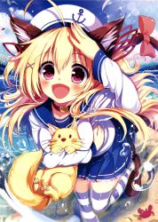 Rule 34 | absurdres, ahoge, akabane, animal ears, blonde hair, blush, cat ears, cat tail, choker, hair ornament, hairpin, happy, hat, highres, long hair, red eyes, ribbon, side ponytail, sky, tail, thighhighs, tori, twintails, uniform, water