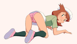Rule 34 | 1girl, all fours, beret, bianca (pokemon heroes), blush, brown hair, cameltoe, closed mouth, commentary request, creatures (company), eyelashes, full body, game freak, green shirt, hat, highres, looking back, medium hair, miraa (chikurin), nintendo, panties, pink footwear, pink panties, pokemon, pokemon (anime), pokemon (classic anime), pokemon heroes: latios &amp; latias, shirt, shoes, short sleeves, simple background, skirt, socks, solo, underwear, white hat, white skirt