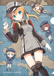 Rule 34 | 10s, 4girls, anchor hair ornament, aqua eyes, beret, bismarck (kancolle), black legwear, blonde hair, blue eyes, blush, breasts, brown eyes, brown hair, character name, clothes writing, gloves, hair ornament, hat, hyuuga azuri, jpeg artifacts, kantai collection, long hair, low twintails, medium breasts, multiple girls, peaked cap, prinz eugen (kancolle), sailor hat, short hair, skirt, smile, thighhighs, twintails, white gloves, z1 leberecht maass (kancolle), z3 max schultz (kancolle)
