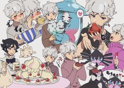 Rule 34 | 1boy, 1girl, aged down, alcremie, bede (pokemon), black hair, black neckwear, blush, bow, bowl, bowtie, cake, cake slice, chopsticks, closed eyes, commentary request, creatures (company), eating, food, game freak, gen 5 pokemon, gen 8 pokemon, gothitelle, grey hair, hatterene, heart, highres, holding, holding bowl, holding chopsticks, holding plate, holding spoon, milcery, nashubi (to infinity wow), nintendo, noodles, opal (pokemon), open mouth, plate, pokemon, pokemon (creature), pokemon swsh, purple eyes, short hair, spoken heart, spoon, teeth, tongue, tongue out, translation request, udon, vanilluxe, white background, wooden spoon