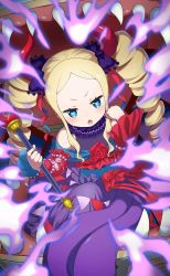 Rule 34 | 1girl, alternate costume, bare shoulders, beatrice (re:zero), blonde hair, blue eyes, bug, butterfly, demon girl, demon horns, dress, drill hair, fire, flower, gem, highres, holding, holding wand, horns, insect, long sleeves, looking at viewer, mimic, monster girl, official art, open box, open mouth, pearl (gemstone), purple dress, re:zero kara hajimeru isekai seikatsu, red flower, red horns, red rose, rose, symbol-shaped pupils, treasure chest, twin drills, wand