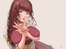 Rule 34 | 1girl, \m/, artist name, bad id, bad pixiv id, blush, bow, braid, braided ponytail, breast hold, breast press, breasts, brown eyes, brown hair, commentary request, dress, hair bow, hair ornament, hand gesture, kamiyama aya, large bow, large breasts, lips, long hair, looking at viewer, messy hair, ok sign, orange bow, original, parted lips, red dress, sash, simple background, single braid, solo, upper body, white bow