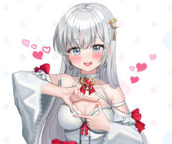 Rule 34 | 1girl, :d, bare shoulders, blush, breasts, cleavage, collarbone, commentary request, commission, crescent, crescent hair ornament, detached sleeves, dress, finger frame, floral background, grey eyes, grey hair, hair ornament, hands up, heart, kubong, lace-trimmed sleeves, lace trim, long hair, long sleeves, looking at viewer, medium breasts, open mouth, original, simple background, smile, solo, star (symbol), teeth, upper body, upper teeth only, white background, white dress, white sleeves, wide sleeves