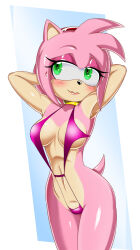 Rule 34 | 1girl, amy rose, animal nose, armpits, arms behind head, arms up, blush, breasts, choker, closed mouth, collarbone, cowboy shot, eyelashes, feet out of frame, female focus, furry, furry female, green eyes, hairband, hedgehog ears, hedgehog girl, hedgehog tail, highres, medium breasts, navel, one-piece swimsuit, pink hair, purple one-piece swimsuit, red hairband, shiny skin, short hair, slingshot swimsuit, snout, solo, sonic (series), standing, sweatdrop, swimsuit, thighs, yellow choker, yellowjello