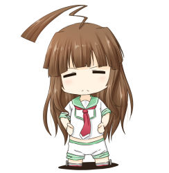 Rule 34 | 10s, 1girl, ahoge, blush, brown hair, chibi, closed eyes, frown, hands on own hips, kantai collection, kuma (kancolle), niwatazumi, sailor, simple background, solo