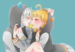 Rule 34 | 2girls, ahoge, black bow, black jacket, blue background, blush, bow, braid, candy, closed eyes, collarbone, commentary request, couple, fake demon horns, food, food in mouth, grey hair, grey skirt, hair bow, highres, hood, hood pull, hood up, hooded jacket, jacket, kashikaze, knee up, licking, lollipop, long sleeves, looking at another, love live!, love live! sunshine!!, medium hair, multiple girls, open clothes, open jacket, orange hair, outline, plaid, plaid skirt, pleated skirt, red eyes, shirt, short hair, side braid, sidelocks, simple background, skirt, takami chika, tongue, tongue out, upper body, watanabe you, white outline, white shirt, yuri