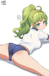 Rule 34 | 1girl, ahoge, ass, blue buruma, blue eyes, blunt bangs, blush, breasts, buruma, closed mouth, commentary request, dated, flexible, from behind, green hair, hairband, highres, idolmaster, idolmaster million live!, long hair, looking at viewer, looking back, lying, medium breasts, musical note, myeolchi, on stomach, orange hairband, partially visible vulva, ponytail, shimabara elena, shirt, short sleeves, signature, simple background, smile, solo, speech bubble, split, spoken musical note, straddle split, stretching, thighs, white background, white shirt