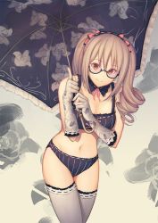 Rule 34 | 10s, 1girl, bazooka oiran, bespectacled, bikini, drill hair, elbow gloves, glasses, gloves, gradient background, idolmaster, idolmaster cinderella girls, kanzaki ranko, long hair, looking at viewer, parasol, red eyes, silver hair, smile, solo, swimsuit, thighhighs, twin drills, twintails, umbrella