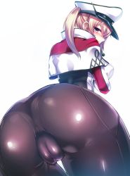 Rule 34 | 10s, 1girl, ass, back, bad anatomy, bent over, black pantyhose, blonde hair, blush, breasts, cameltoe, capelet, celtic knot, graf zeppelin (kancolle), hair between eyes, hat, highres, kantai collection, large breasts, long hair, long sleeves, looking at viewer, looking back, no pants, panties, panties under pantyhose, pantyhose, pantylines, peaked cap, purple eyes, shiny clothes, silly (marinkomoe), simple background, solo, thigh gap, thighs, underwear, white background