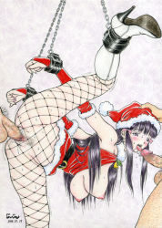 Rule 34 | 1girl, bdsm, bondage, bound, breasts, censored, christmas, fellatio, fishnet pantyhose, fishnets, hand on another&#039;s head, hanging breasts, hetero, high heels, huge breasts, jinjin, leg lift, mosaic censoring, multiple penises, nipples, open mouth, oral, original, pantyhose, penis, santa costume, sex, shoes, solo focus, vaginal