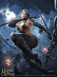 Rule 34 | 1girl, bird, black gloves, breasts, chain, cleavage, company name, copyright name, crow, crowgod, dated, dual wielding, gloves, grey hair, high heels, highres, holding, jumping, katana, kunai, lantern, leaf, legend of the cryptids, long hair, maple leaf, moon, needle, ninja, shoulder pads, signature, sword, weapon, white hair