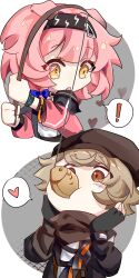 Rule 34 | !, 1boy, 1girl, :o, animal ears, arknights, black gloves, black hairband, black jacket, blue bow, bow, braid, brown eyes, brown hair, cat ears, chibi, commentary request, cropped torso, fingerless gloves, fishing line, fishing rod, food, gloves, goldenglow (arknights), grey background, hair bow, hairband, hands up, heart, highres, holding, holding fishing rod, jacket, lightning bolt print, long sleeves, open clothes, open jacket, parted lips, pink hair, pink jacket, print hairband, puffy long sleeves, puffy sleeves, red (npc) (arknights), shirt, single braid, spoken exclamation mark, spoken heart, taiyaki, two-tone background, upper body, wagashi, white background, white shirt, yebeiming, yellow eyes