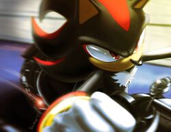Rule 34 | 1boy, furry, furry male, gloves, male focus, mixed-language commentary, motion blur, motor vehicle, motorcycle, on motorcycle, red eyes, shadow the hedgehog, shadow the hedgehog (game), signature, solo, sonic (series), white fur, white gloves, yanimae