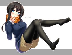 Rule 34 | 1girl, bad id, bad pixiv id, black hair, black pantyhose, blue eyes, blush, brown scarf, brown shorts, cardigan, checkered clothes, checkered scarf, crossed bangs, feet, full body, hair between eyes, highres, knees together feet apart, letterboxed, looking to the side, no shoes, original, pantyhose, pantyhose under shorts, parted lips, sakura chiyo (konachi000), scarf, short hair with long locks, shorts, sleeves past wrists, solo, tights day, white background