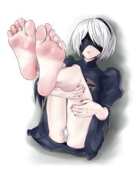 Rule 34 | 1girl, absurdres, bare legs, barefoot, black hairband, black nails, blindfold, covered eyes, feet, feet up, foot focus, hairband, hands on own thighs, highres, legs up, medium hair, mole, mole under mouth, nail polish, nier (series), nier:automata, panties, pantyshot, parted lips, puffy sleeves, shirow (mha03133), short hair, soles, thighs, toes, underwear, white hair, white panties, 2b (nier:automata)