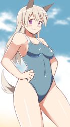 Rule 34 | 1girl, animal ears, blue sky, breasts, cleavage, cloud, competition swimsuit, covered navel, cowboy shot, day, eila ilmatar juutilainen, fox ears, fox tail, glastonbury1966, hands on own hips, highres, image sample, long hair, one-piece swimsuit, purple eyes, sideboob, silver hair, sky, smile, solo, strike witches, swimsuit, tail, thighs, world witches series