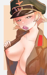 Rule 34 | 1girl, absurdres, blonde hair, blush, breasts, brown eyes, condom, condom in mouth, condom wrapper, erwin (girls und panzer), girls und panzer, hat, heart, heart-shaped pupils, highres, jacket, large breasts, looking at viewer, military hat, mouth hold, nipples, open clothes, open jacket, peaked cap, pulled by self, short hair, solo, symbol-shaped pupils, yotsumeya