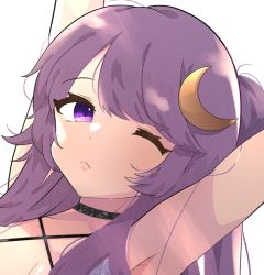 Rule 34 | 1girl, armpits, arms up, bare shoulders, black choker, choker, closed mouth, crescent, crescent hair ornament, double bun, dress, hair between eyes, hair bun, hair ornament, hands up, long hair, looking at viewer, necono (nyu6poko), one eye closed, patchouli knowledge, purple dress, purple eyes, purple hair, simple background, sleeveless, sleeveless dress, solo, sunlight, touhou, upper body, white background
