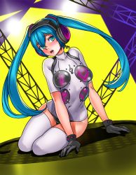 Rule 34 | 1girl, :o, alternate costume, arm support, black gloves, blue eyes, blue hair, blush, breasts, buttons, cable, clothes writing, colored eyelashes, covered erect nipples, covered navel, crossover, double-breasted, dutch angle, full body, gloves, glowing, green background, green eyes, hair between eyes, hair ornament, hatsune miku, head tilt, headphones, heart, hip focus, impossible clothes, impossible leotard, leaning, legs together, leotard, lights, long hair, looking at viewer, lying, manus, matching hair/eyes, multicolored eyes, musical note, neon trim, on side, open mouth, parody, persona, persona 4, persona 4: dancing all night, persona dancing, pixelated, polka dot, raised eyebrows, reclining, scaffolding, short eyebrows, short sleeves, sitting, skin tight, solo, sweatdrop, thighhighs, treble clef, turtleneck, twintails, unitard, very long hair, vocaloid, white thighhighs, yokozuwari