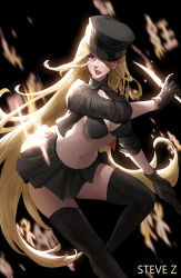 Rule 34 | 10s, 1girl, absurdres, arm at side, artist name, bikini, bikini top only, bishamonten (noragami), black background, black bikini, black footwear, black gloves, black hat, black jacket, black skirt, black thighhighs, blonde hair, boots, breasts, cleavage, collarbone, commentary, cowboy shot, cropped jacket, gloves, hair between eyes, hair over one eye, hand up, hat, highres, holding, holding knife, holding weapon, jacket, knife, large breasts, leg up, lips, long hair, looking at viewer, midriff, miniskirt, navel, noragami, nose, one eye covered, open clothes, open jacket, open mouth, pink lips, purple eyes, skirt, sleeves past elbows, sleeves rolled up, solo, standing, standing on one leg, steve zheng, swimsuit, teeth, thigh boots, thighhighs, turtleneck, upper teeth only, very long hair, weapon, zettai ryouiki