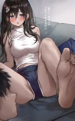Rule 34 | 1boy, 1girl, bare arms, bare shoulders, blue shorts, blurry, blush, breasts, brown hair, couch, cushion, depth of field, dolphin shorts, feet, flower, foot focus, foot up, groin, groin tendon, hair flower, hair ornament, highres, iseya chiyori (saya), large breasts, looking at viewer, lying, midriff peek, on back, on couch, open mouth, original, purple eyes, saya (mychristian2), shorts, solo focus, thighs, translation request