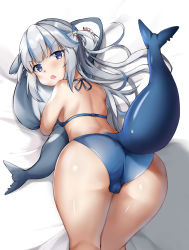 Rule 34 | 1girl, ass, back, bed, bikini, blue bikini, blue eyes, blue hair, blush, cameltoe, female focus, fins, fish tail, gawr gura, highres, hololive, hololive english, long hair, looking at viewer, looking back, pixiv7014588, shark girl, shark tail, solo, swimsuit, tail, thighs, virtual youtuber, white hair