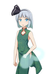 Rule 34 | 1girl, :o, bare arms, bare shoulders, black hairband, blue eyes, bob cut, cato (monocatienus), china dress, chinese clothes, commentary request, dress, flat chest, green dress, grey hair, hairband, highres, konpaku youmu, konpaku youmu (ghost), looking at viewer, open mouth, short hair, side slit, simple background, sleeveless, sleeveless dress, solo, touhou, white background