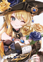 Rule 34 | 1girl, absurdres, black hat, blonde hair, blue bow, blue eyes, blue flower, blue gemstone, bow, breasts, chaena (exmd3552), closed mouth, detached sleeves, dress, flower, gem, genshin impact, hat, hat flower, highres, holding, holding flower, jewelry, large breasts, light smile, long hair, looking at viewer, medium breasts, navia (genshin impact), off-shoulder dress, off shoulder, one eye closed, simple background, solo, upper body, white background, yellow bow, yellow flower
