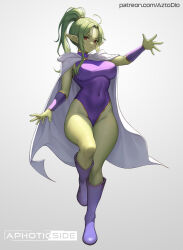 Rule 34 | 1girl, ai-assisted, aztodio, boots, breasts, cape, colored skin, commentary, covered navel, english commentary, full body, green hair, green skin, grey background, highleg, highleg leotard, knee boots, large breasts, leotard, long hair, looking at viewer, original, pointy ears, ponytail, purple footwear, purple leotard, red eyes, simple background, solo, thighs, white cape