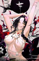 Rule 34 | 1girl, absurdres, amirun, arms up, bead bracelet, bead necklace, beads, bikini, black hair, blood, blood on face, blood splatter, bracelet, braid, breasts, chest tattoo, closed mouth, commentary, facial mark, fate/grand order, fate (series), fins, fish tail, flower, forehead mark, forehead tattoo, hair flower, hair ornament, highres, jewelry, large breasts, long hair, looking at viewer, necklace, one eye closed, parted bangs, pearl bracelet, pearl necklace, pink flower, seashell, sessyoin kiara, sessyoin kiara (swimsuit mooncancer), sessyoin kiara (swimsuit mooncancer) (first ascension), shell, shell necklace, sidelocks, solo, swimsuit, tail, tattoo, translation request, twin braids, upper body, very long hair, white bikini, yellow eyes