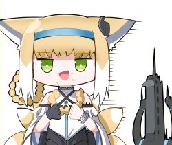 Rule 34 | 1girl, 1other, :d, animal ear fluff, animal ears, arknights, arms up, bare shoulders, black gloves, black jacket, blonde hair, blue hairband, braid, chibi, detached hair, doctor (arknights), eating hair, fox ears, fox girl, fox tail, gloves, green eyes, hair rings, hairband, highres, holding, holding own hair, hood, hood up, hooded jacket, jacket, kitsune, multicolored hair, open mouth, shirt, simple background, single glove, smile, spam (spamham4506), suzuran (arknights), tail, two-tone hair, white background, white hair, white shirt
