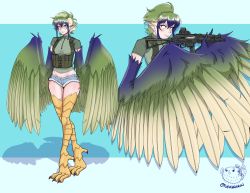 Rule 34 | 1girl, aiming, animal feet, bird legs, blue background, blue eyes, blue feathers, blue hair, blue wings, commentary, commission, denim, denim shorts, english commentary, feathered wings, feathers, fish, fugubarakun, green feathers, green hair, green shirt, green wings, gun, hair between eyes, harpy, highres, holding, holding gun, holding weapon, micro shorts, midriff, monster girl, multicolored hair, multicolored wings, original, pointy ears, pp-19-01 vityaz, puffer fish, shadow, shirt, short hair, shorts, sidelocks, standing, submachine gun, tactical clothes, talons, trigger discipline, twitter username, two-tone background, weapon, white background, winged arms, wings