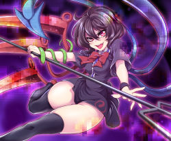 Rule 34 | 1girl, asymmetrical wings, bad id, bad pixiv id, black hair, female focus, highres, holding, houjuu nue, pink eyes, polearm, short hair, snake, solo, thick thighs, thighhighs, thighs, tongue, touhou, trident, uousa-ou, weapon, wide hips, wings