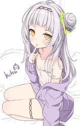Rule 34 | 1girl, ahoge, alternate costume, black hairband, blunt bangs, camisole, commentary, english commentary, finger to mouth, frilled pillow, frills, grey hair, hair bun, hairband, hand up, highres, hitsukuya, hololive, jacket, long hair, long sleeves, looking at viewer, murasaki shion, off shoulder, open clothes, open jacket, parted lips, pillow, purple jacket, seiza, side bun, signature, single hair bun, single side bun, sitting, sleeves past wrists, solo, very long hair, virtual youtuber, white background, white camisole