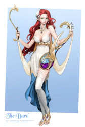 Rule 34 | 1girl, bard, barefoot, blue background, bow (music), breasts, cleavage, closed mouth, commentary, dress, earrings, english text, engrish text, feet, full body, green eyes, highres, holding, holding instrument, instrument, jewelry, light smile, long hair, looking at viewer, maeging s2, medium breasts, original, pointy ears, ranguage, red hair, side slit, solo, standing, thighhighs, toe ring, toeless legwear, toes, very long hair, white dress, white thighhighs