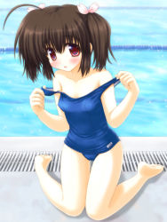 Rule 34 | 1girl, aoi akua, blue one-piece swimsuit, brown eyes, brown hair, clothes pull, kneeling, one-piece swimsuit, one-piece swimsuit pull, pool, poolside, school swimsuit, short hair, swimsuit, to heart, to heart (series), to heart 2, twintails, yuzuhara konomi