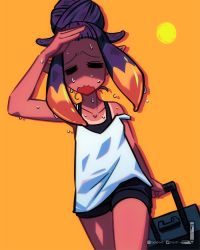 Rule 34 | 1girl, = =, animal ears, beehive hairdo, black shorts, closed eyes, extra ears, hair bun, hand up, highres, holding, holding suitcase, hololive, hololive english, hot, loen, ninomae ina&#039;nis, open mouth, orange background, pointy ears, shaded face, shirt, shorts, sidelocks, solo, strap slip, suitcase, sun, sweat, tan, tank top, tanline, virtual youtuber, walking, white shirt